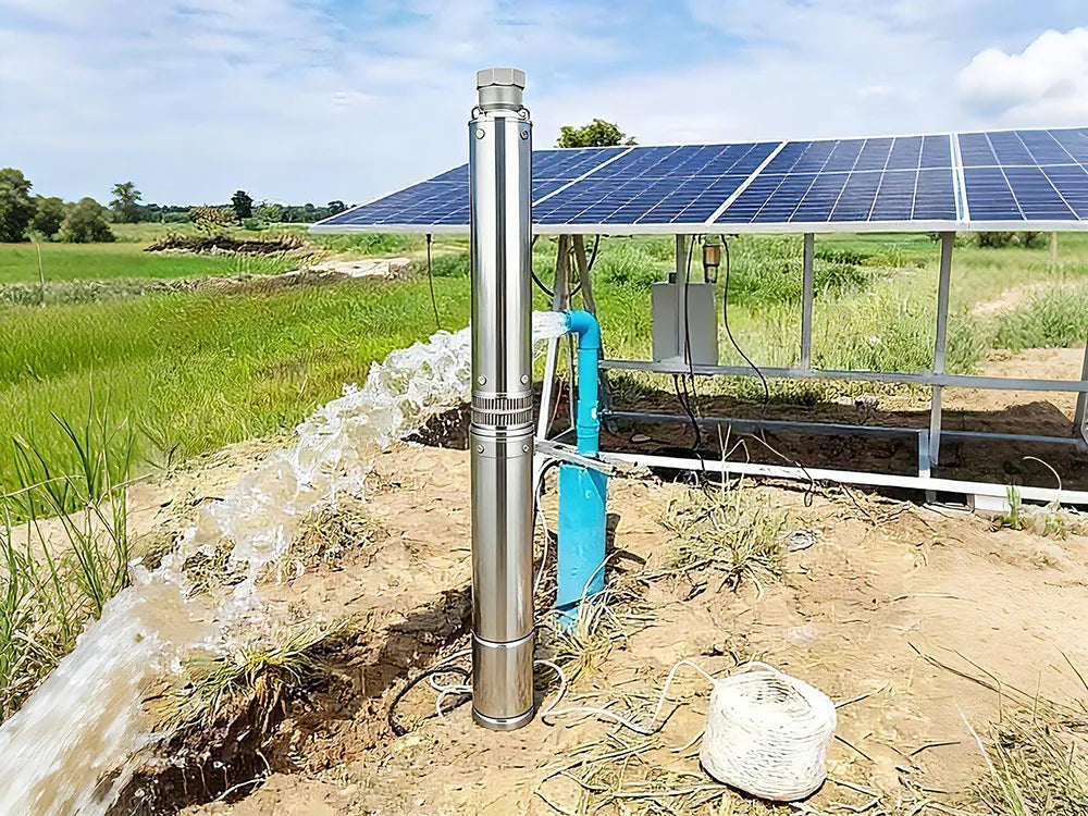 Solar panels connected to a water pump for irrigation system setup