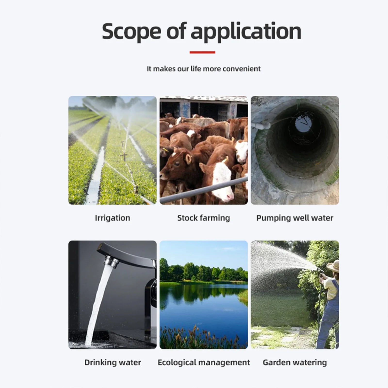 Scope of application for water management solutions including irrigation, stock farming, pumping well water, drinking water, ecological management, and garden watering.