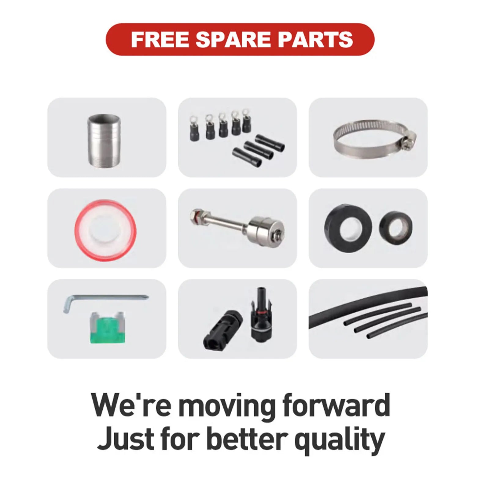 Collection of spare parts with a focus on quality improvement message.